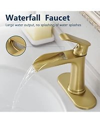 Busdays Nickel Gold Waterfall Bathroom Sink Faucet 1 Hole with Deck Plate, Pop Up Drain and Supply Lines