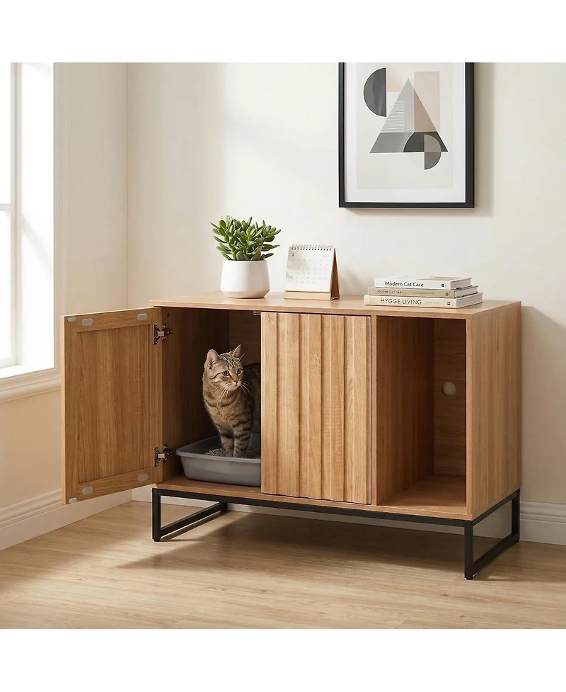 Zeus & Ruta 31.5 in. Hidden Cat Litter Box Enclosure Furniture with Scratch Pad Storage Waterproof Cabinet for Living Room Bedroom