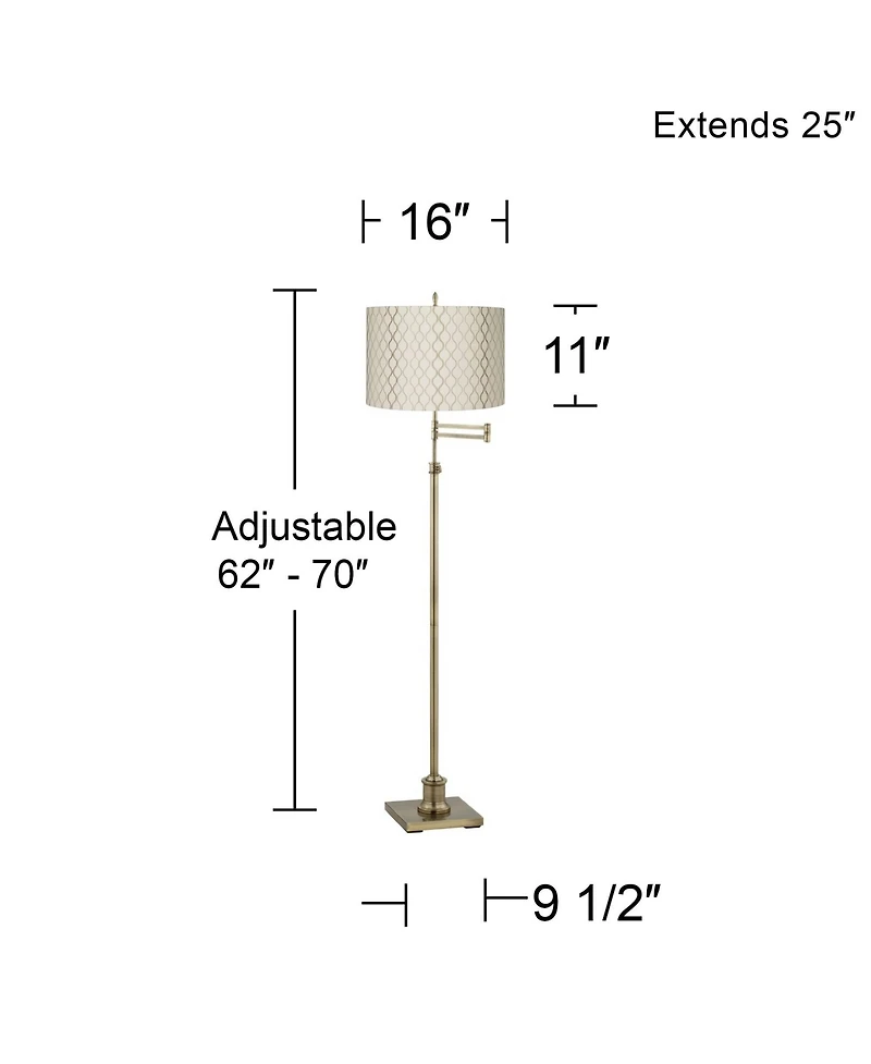 360 Lighting Swing Arm Floor Lamp Adjustable Height 70" Tall Antique Brass Embroidered Hourglass Fabric Drum Shade Living Room