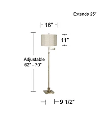 360 Lighting Swing Arm Floor Lamp Adjustable Height 70" Tall Antique Brass Embroidered Hourglass Fabric Drum Shade Living Room