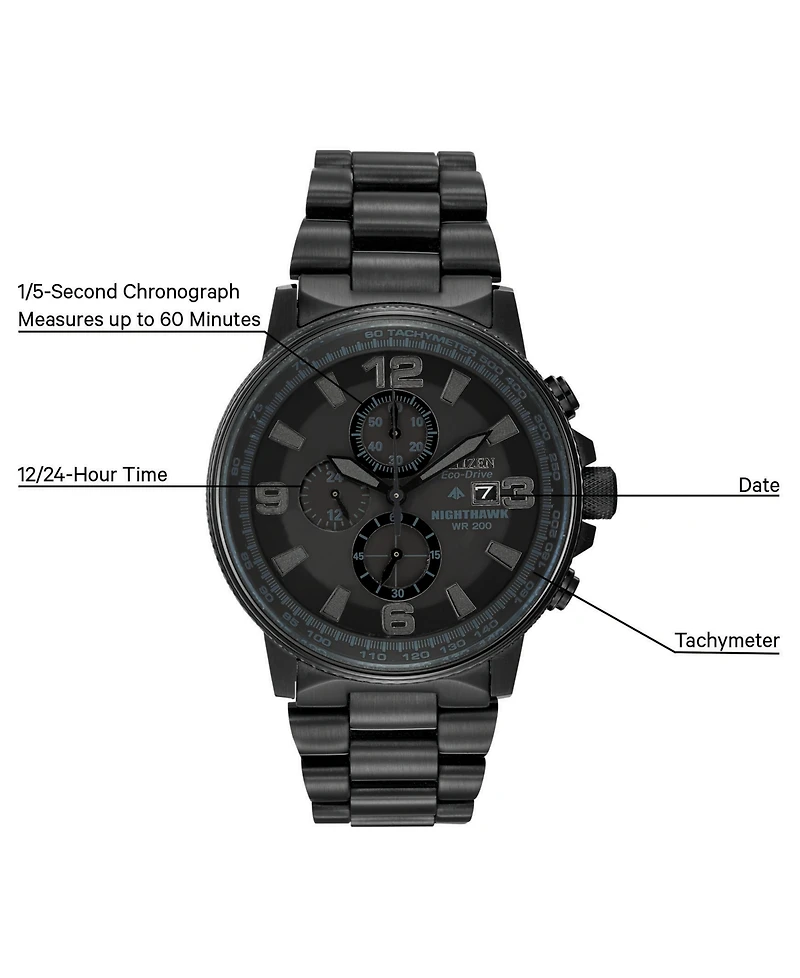 Citizen Men's Chronograph Eco-Drive Nighthawk Black Ion Plated Stainless Steel Bracelet Watch 43mm CA0295-58E