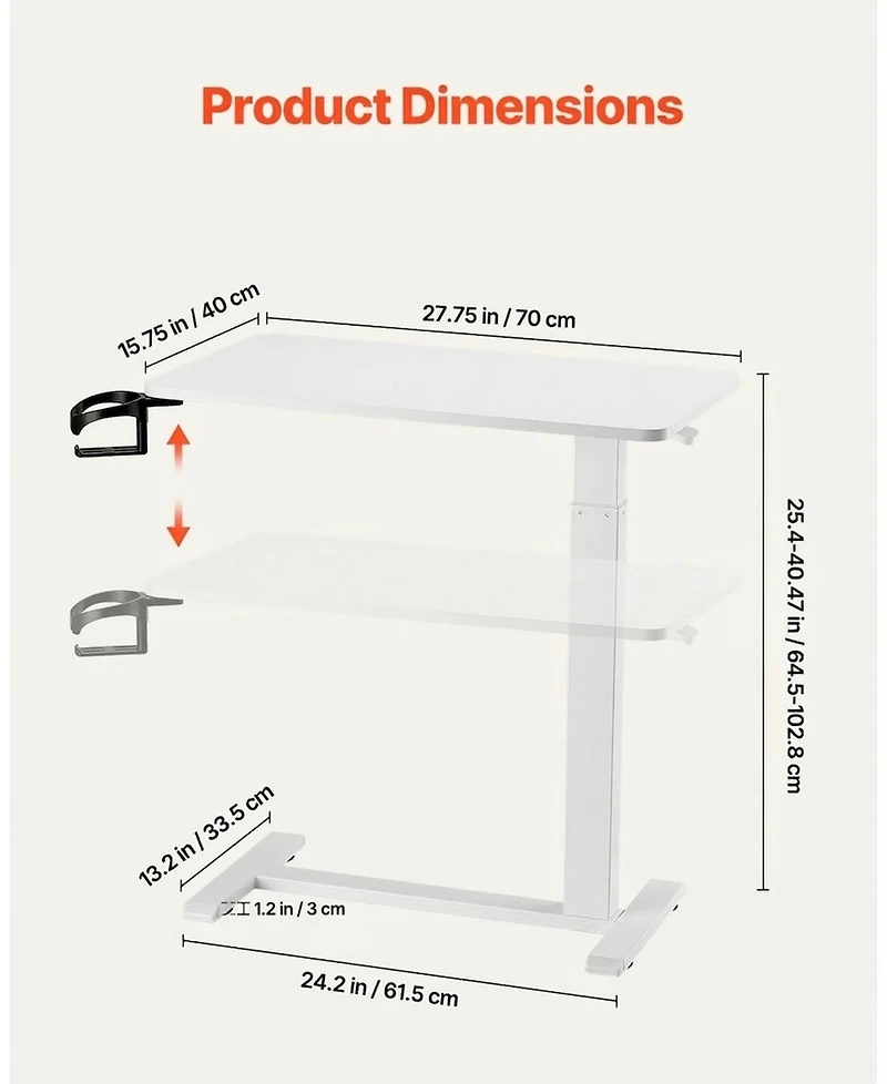 Gouun Adjustable Overbed Table with Hidden Wheels, 25.4-40.47 in Height Hydraulic Bedside Desk with Cup Holder