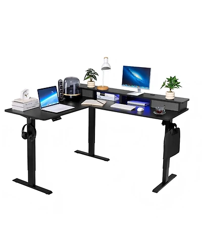 Gouun L Shaped Electric Standing Desk 63 x 55 in, Adjustable Height Corner Desk with Led Light Strip and Power Strip