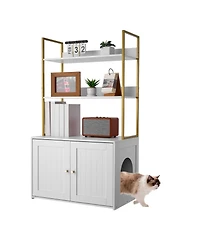 Gouun Hidden Cat Litter Box Cabinet with Storage Shelves and Metal Legs