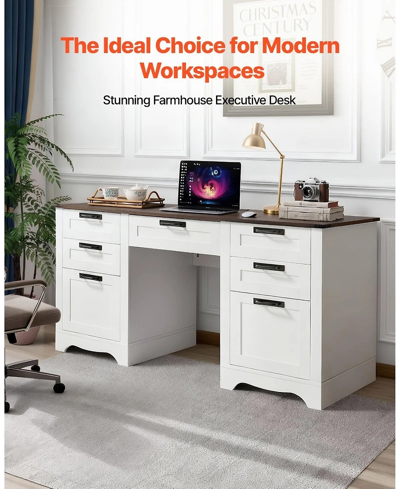 Gouun 60 in Farmhouse Executive Desk with Charging Station, Office Table with Storage Drawers and Keyboard Tray, Walnut