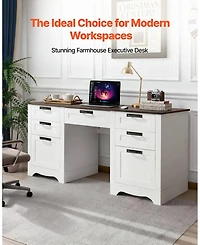 Gouun 60 in Farmhouse Executive Desk with Charging Station, Office Table with Storage Drawers and Keyboard Tray, Walnut