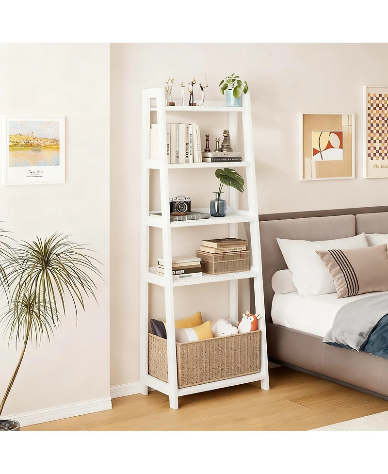 Yigii Ladder Shelf 4-Tier Bookshelf with Storage Basket Bamboo Bookcase