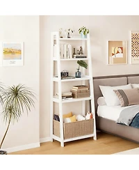 Yigii Ladder Shelf 4-Tier Bookshelf with Storage Basket Bamboo Bookcase