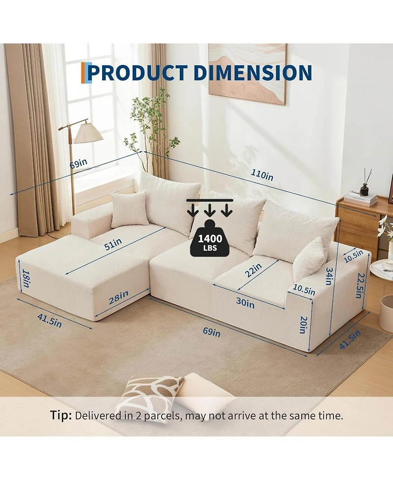 Gaomon Cloud Sectional Couch with Throw Pillows- Large L-Shaped Corduroy Sofa- Left Chaise