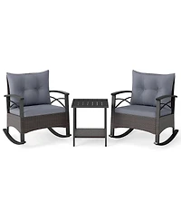 3 Pcs Patio Rocker Set with 2-Tier Coffee Table & Soft Seat Back Cushions Outdoor