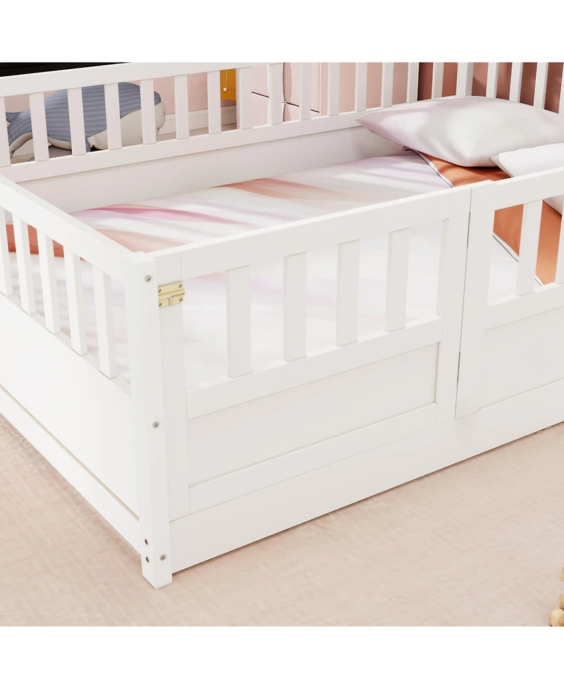 flynama Full Size Montessori Wooden Floor Bed With High Security Barrier And Door For Kids Bedroom