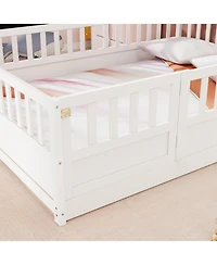 flynama Full Size Montessori Wooden Floor Bed With High Security Barrier And Door For Kids Bedroom