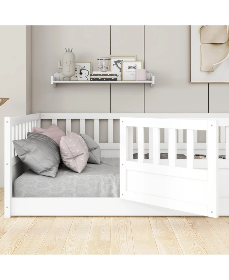 flynama Full Size Montessori Wooden Floor Bed With High Security Barrier And Door For Kids Bedroom
