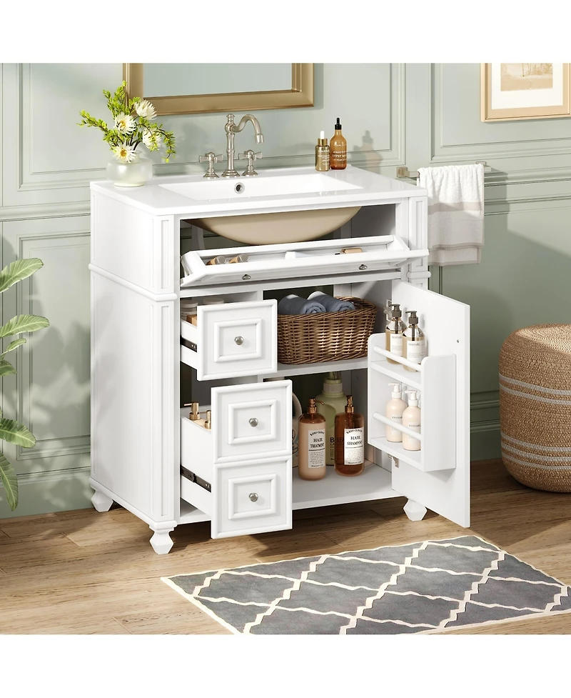 Busdays Bathroom Vanity Cabinet with Ceramic Sink Basin, 30 Inch, Storage Cabinet with Soft Close Doors and Door Organizer