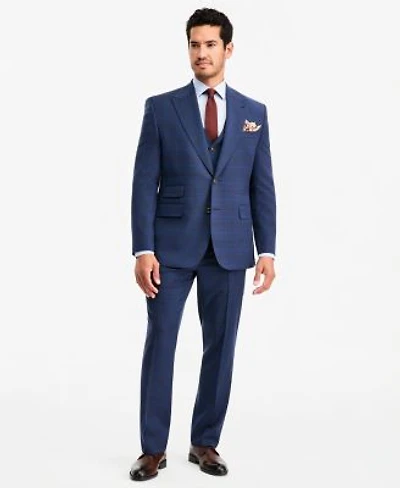 Tayion Collection Mens Classic Fit Blue Red Plaid Suit Separates