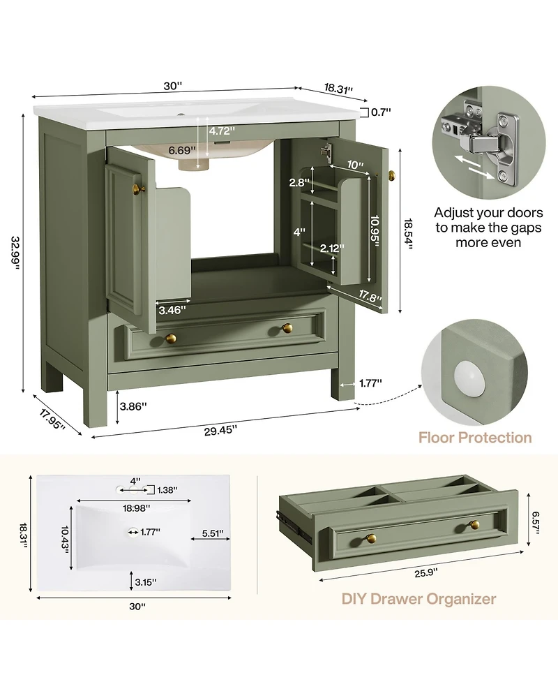 Tribesigns 30" Bathroom Vanity with Sink, Freestanding Vanity with Solid Wood Frame, Ceramic Sink, Soft-Close Doors, Drawer & Door Organizer