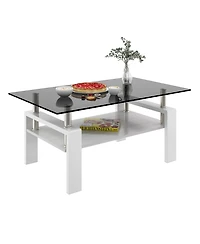 Rainsken Modern 2-Tier Coffee Table, Rectangle Center Table with Tempered Glass Top, Mdf Shelf and Metal Legs for Living Room and Home Office