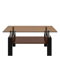 Rainsken 2-Tier Coffee Table, Rectangle Center Table with Tempered Glass Top, Mdf Shelf and Metal Legs for Living Room, Home Office
