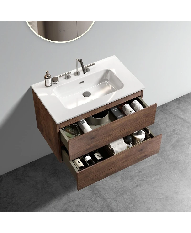 Thirtypeachy 30" Modern Walnut Wall Mount Vanity With Ceramic Sink, 3-Hole Top Handle-Free Soft-Close Drawers, Pre-Assembled