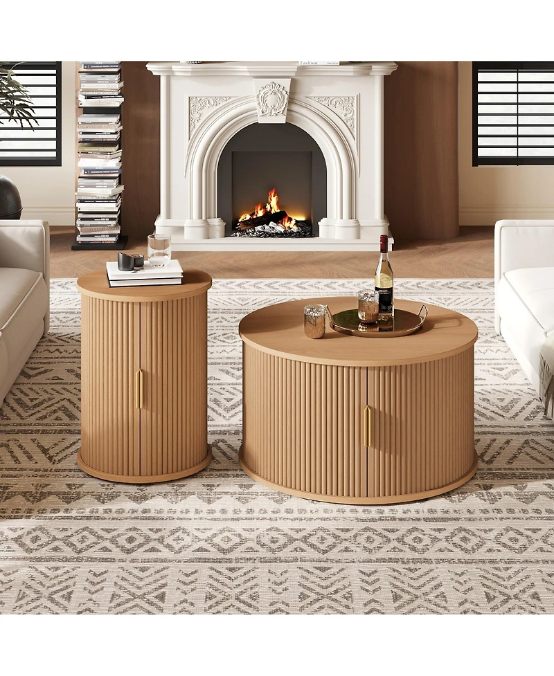 Rainsken Mid-Century Coffee Table Set, Round Fluted End Table With Storage, Handle, Sliding Tambour Door, Side Table for Living Room