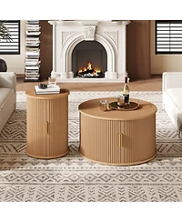 Rainsken Mid-Century Coffee Table Set, Round Fluted End Table With Storage, Handle, Sliding Tambour Door, Side Table for Living Room