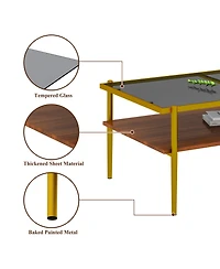 Rainsken Rectangle 2 Tier Coffee Table, Center Table with Tempered Glass Top and Wood Storage Shelf for Living Room and Small Space