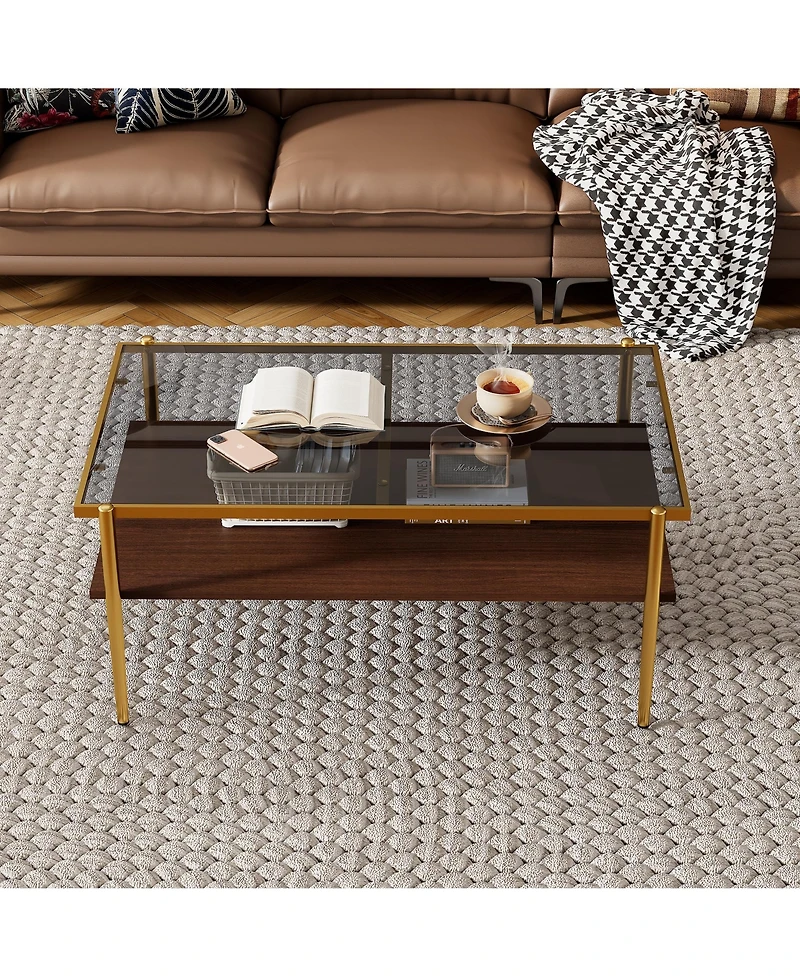 Rainsken Rectangle 2 Tier Coffee Table, Center Table with Tempered Glass Top and Wood Storage Shelf for Living Room and Small Space