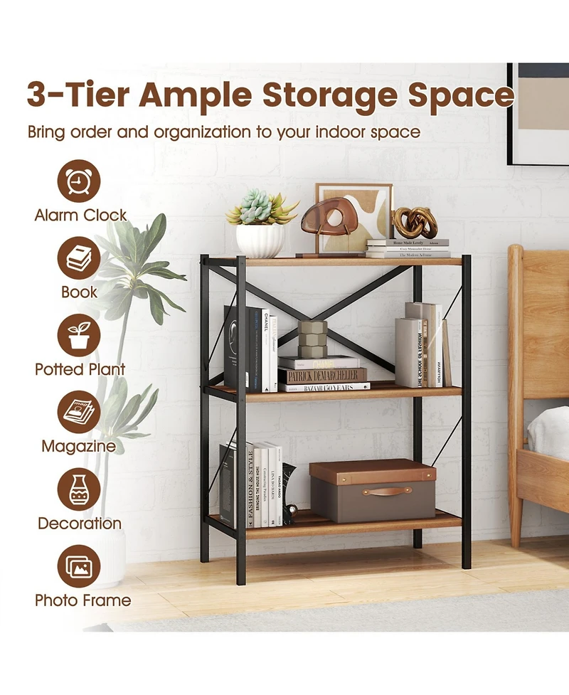 Slickblue 3 Tier Bookcase with Heavy Duty Metal Frame Industrial Shelf