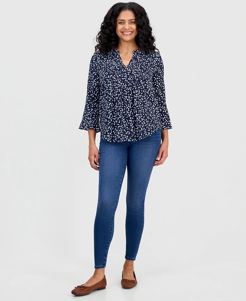Style & Co Women's Printed Pintuck Ruffle Sleeve Top, Created for Macy's