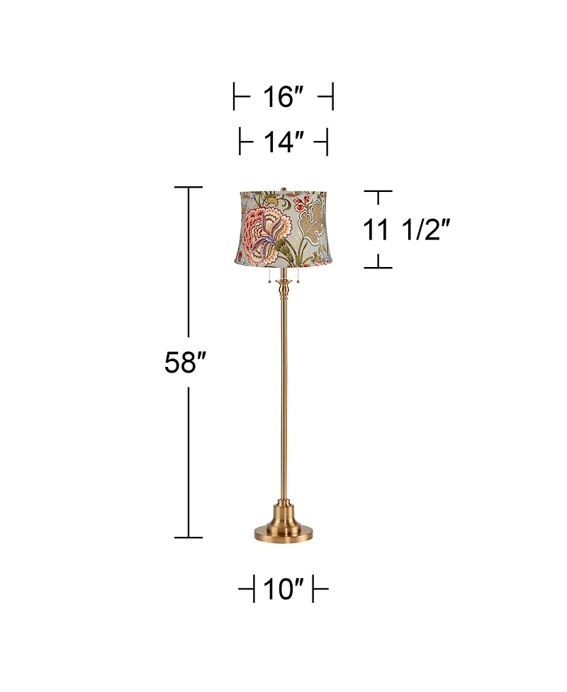 360 Lighting Dyna Traditional 58" Tall 2-Light Standing Floor Lamp Pull Chain Antique Brass Finish Drum Sage Floral Shade