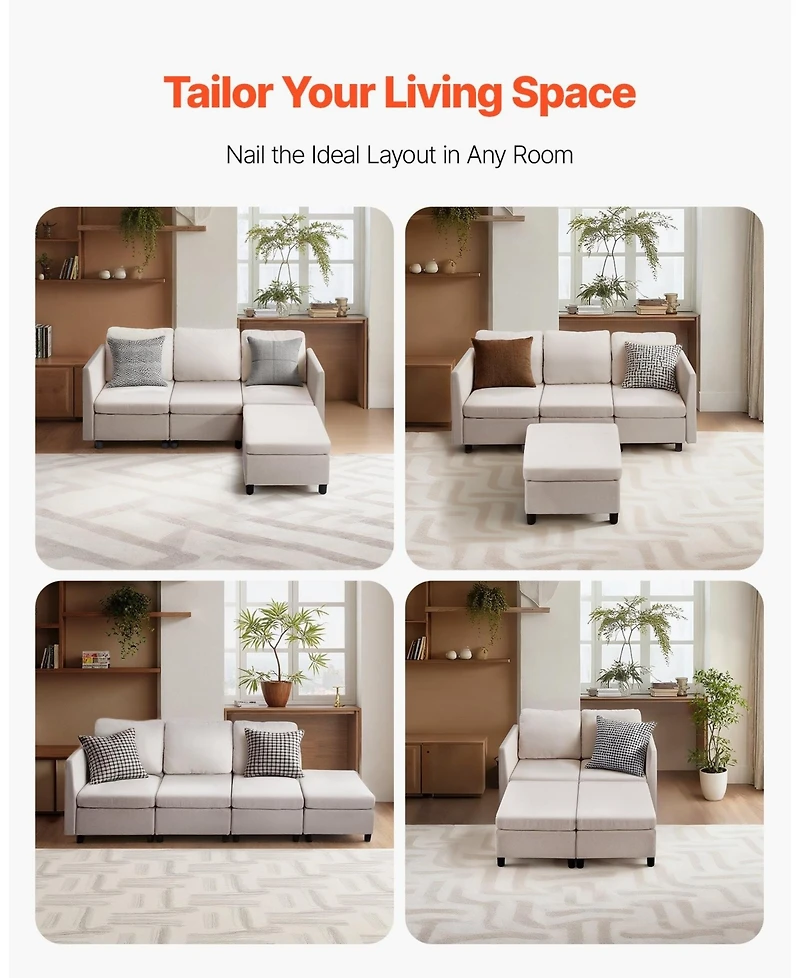 Gouun 3-Seater Modular Sectional Sofa with Ottoman, Hidden Storage, and Cotton-Linen Upholstery