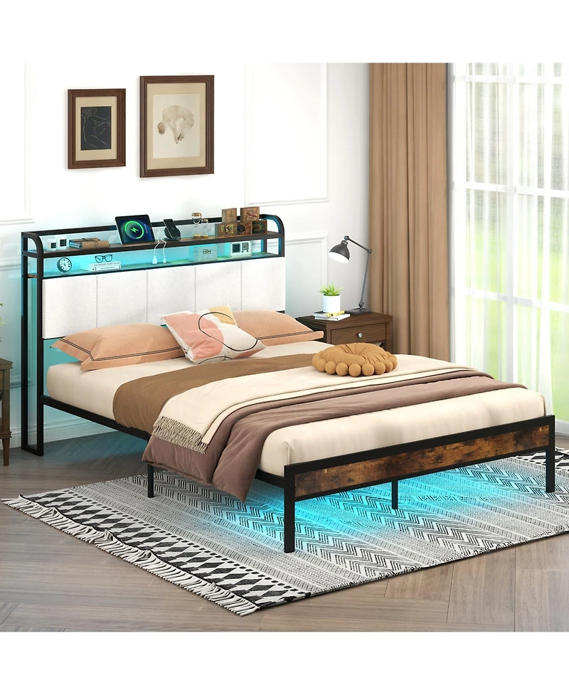 Gouun Queen Size Bed Frame with Led Light and Charging Station