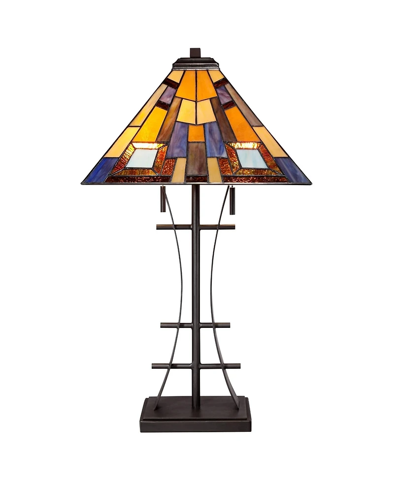 Robert Louis Tiffany Jewel Tone Mission Style Table Lamp 27" Tall Iron with Tabletop Dimmer Art Glass Shade for Bedroom Living Room Bedside