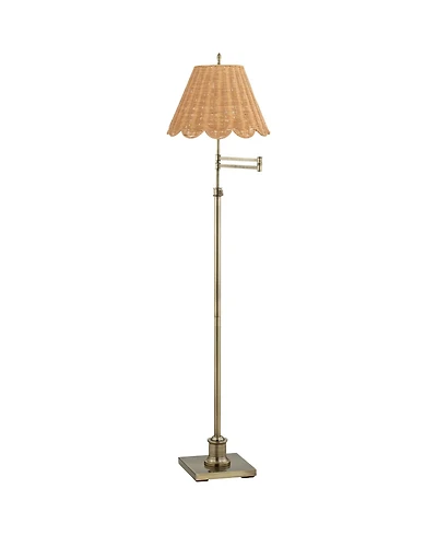 360 Lighting Westbury Natural Cottage 70" Tall Standing Floor Lamp Swing Arm Adjustable Gold Metal Antique Brass Finish Scalloped Rattan Shade