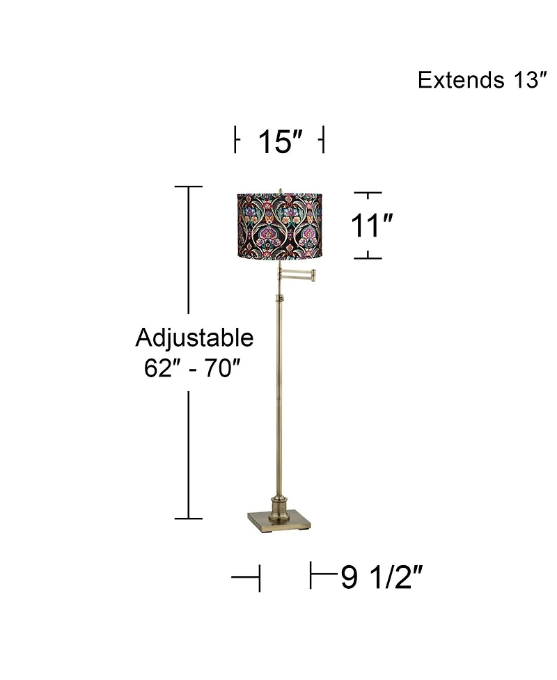 360 Lighting Chic Style Swing Arm Adjustable Floor Lamp 70" Tall Antique Brass Embroidered Drum Shade for Living Room Reading House