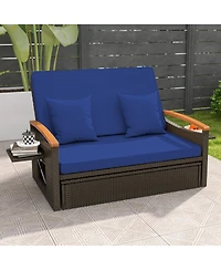 Gymax Outdoor Wicker Daybed Patio Loveseat and Storage Ottoman Set w/ Navy Cushions