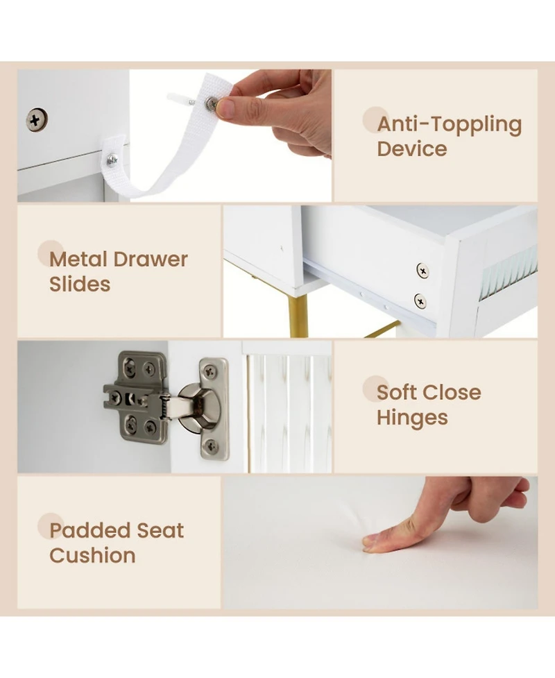 Gouun Modern Makeup Vanity Desk with Lighted Mirror Jewelry Cabinet and Stool Set