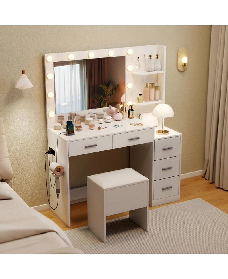 Gouun Makeup Table and Stool Set with Hair Dryer Stand and 5 Drawers