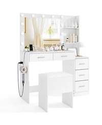 Gouun Makeup Table and Stool Set with Hair Dryer Stand and 5 Drawers