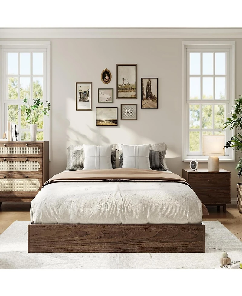 gaomon Wood Platform Bed Frame Sturdy Wooden Bed Slat Support No Box Spring Minimalist Floor-Standing Easy Assembly Walnut