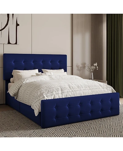 gaomon bed Frame 4 Storage Drawers Linen Upholstered Headboard Wooden Slats No Box Spring Button Tufted