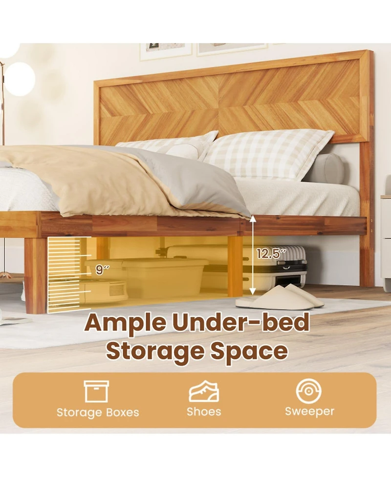 Gouun Rubberwood Platform Bed Frame with Storage Drawers and Headboard