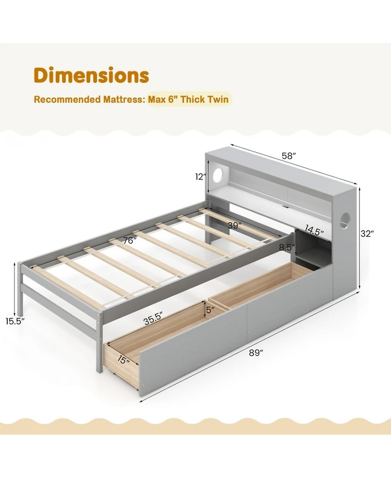 Gouun Solid Wood Platform Bed Frame with Led Lights and Headboard and Bookcase Headboard