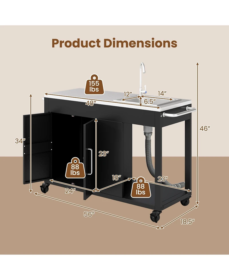Sugift 56 in Outdoor Grill Table with Sink and Stainless Steel Top