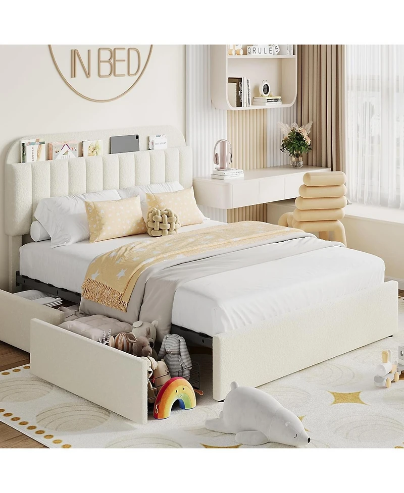gaomon Bed Frame Storage Headboard 2 Drawers Boucle Upholstered Platform Bookcase Easy Assembly No Box Spring