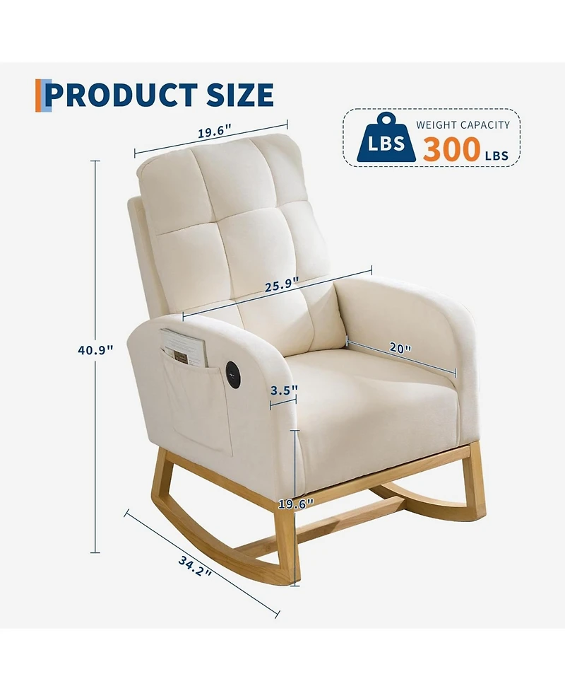 gaomon Linen Nursery Rocking Chair with Usb Port and Side Pocket