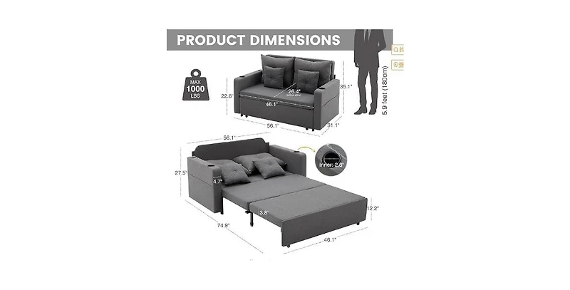 gaomon 56" Sleeper Loveseat Sofa Bed, Pull-Out Couch with Usb Ports, Cup Holders and Side Pockets