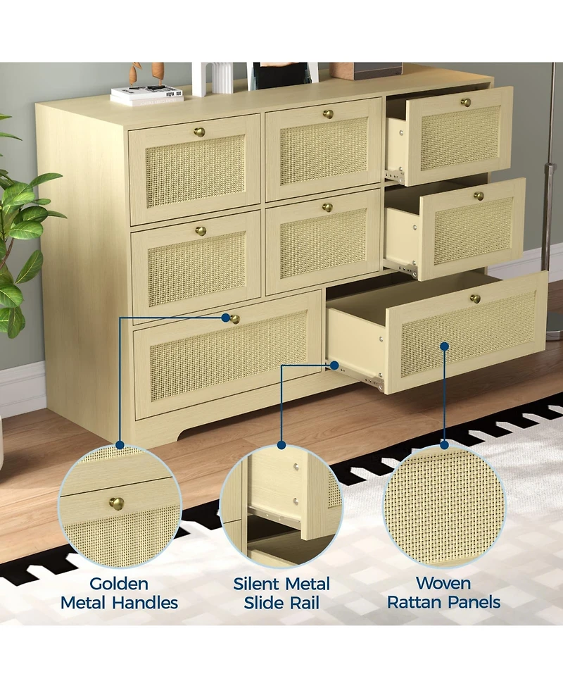 gaomon Rattan Dresser with 6 Drawers, Modern Boho Wooden Dresser for Bedroom Storage, Wicker Chest of Drawers with Metal Handles