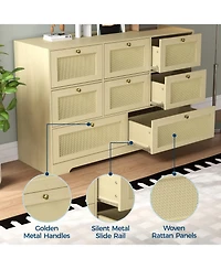 gaomon Rattan Dresser with 6 Drawers, Modern Boho Wooden Dresser for Bedroom Storage, Wicker Chest of Drawers with Metal Handles