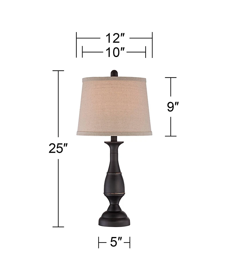 Regency Hill Ben Rustic Farmhouse Table Lamps 25" High Set of 2 Dark with Table Top Dimmers Linen Drum Shade for Bedroom Living Room Home